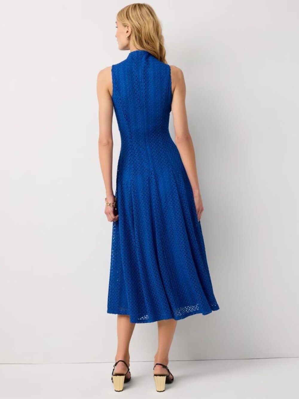 WHBM $240 STRETCHY WRINKLE FREE Mock Neck Knit Lace Midi Dress Nautical Blue - Picture 4 of 10